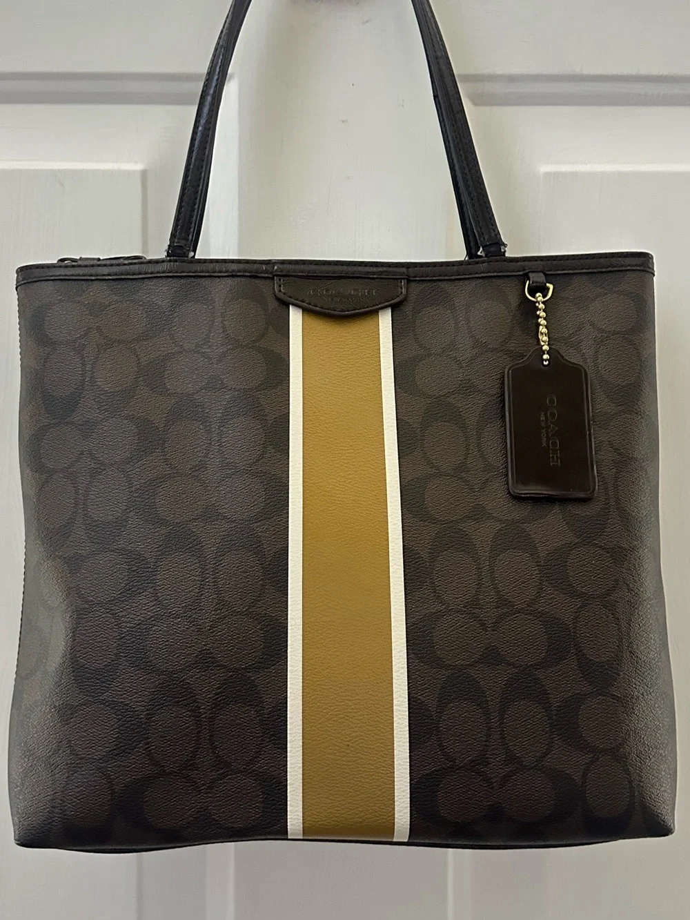 COACH Signature Mahogany Brown Stripe Zipper Tote Rare